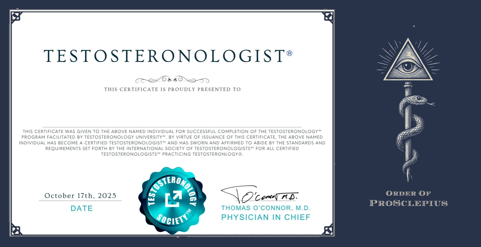 Testosteronology Society™ + Proclepius™ Certification